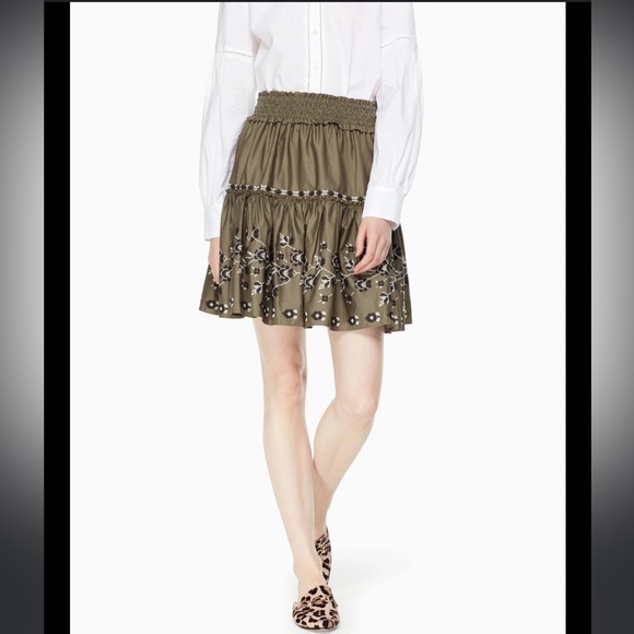 Kate Spade Olive Hue Green Black/White Embroidered Floral Poplin Skirt NWT M - Picture 9 of 15